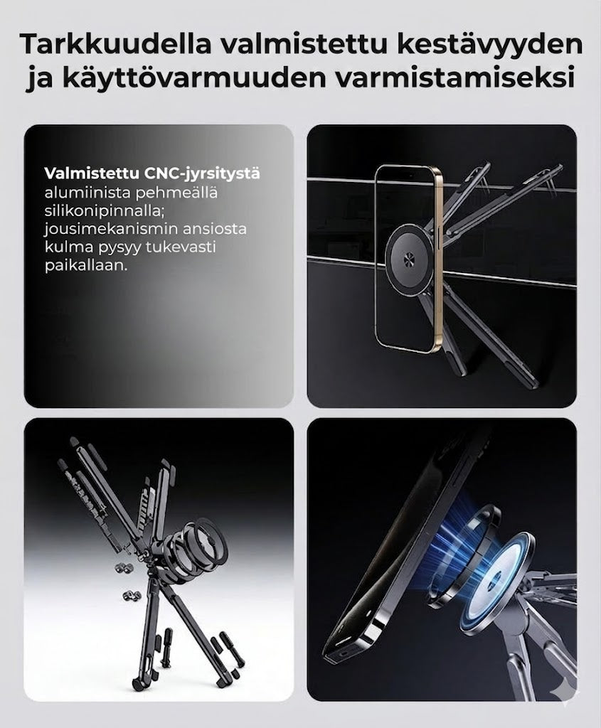 Kokoontaitettava magneettinen 3-in-1-teline elektroniikalle