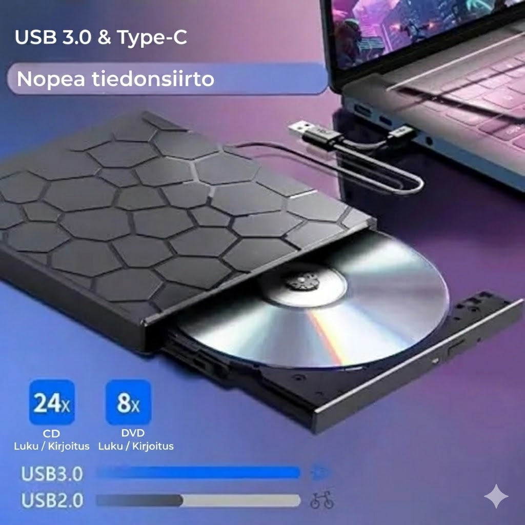 8-in-1 ulkoinen CD/DVD-asema – lue, polta ja tallenna elokuvia, musiikkia ja valokuvia