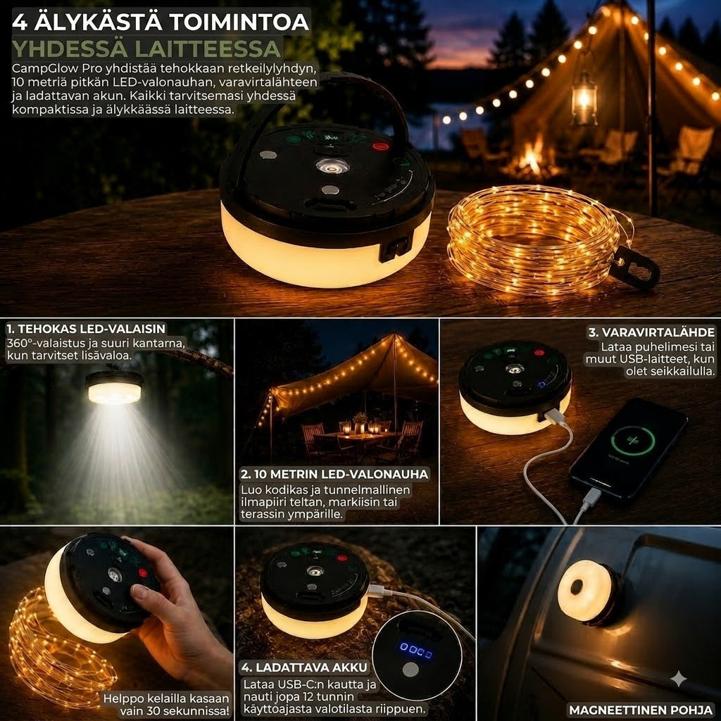 CampGlow PRO – 4-in-1 ladattava retkivalo