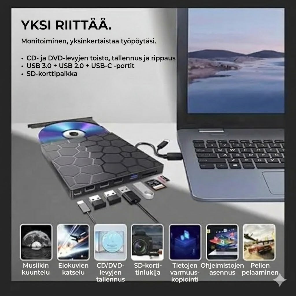 8-in-1 ulkoinen CD/DVD-asema – lue, polta ja tallenna elokuvia, musiikkia ja valokuvia