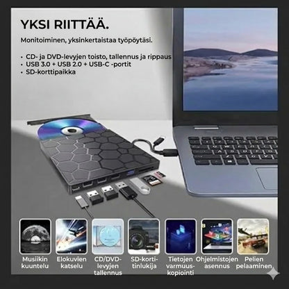 8-in-1 ulkoinen CD/DVD-asema – lue, polta ja tallenna elokuvia, musiikkia ja valokuvia
