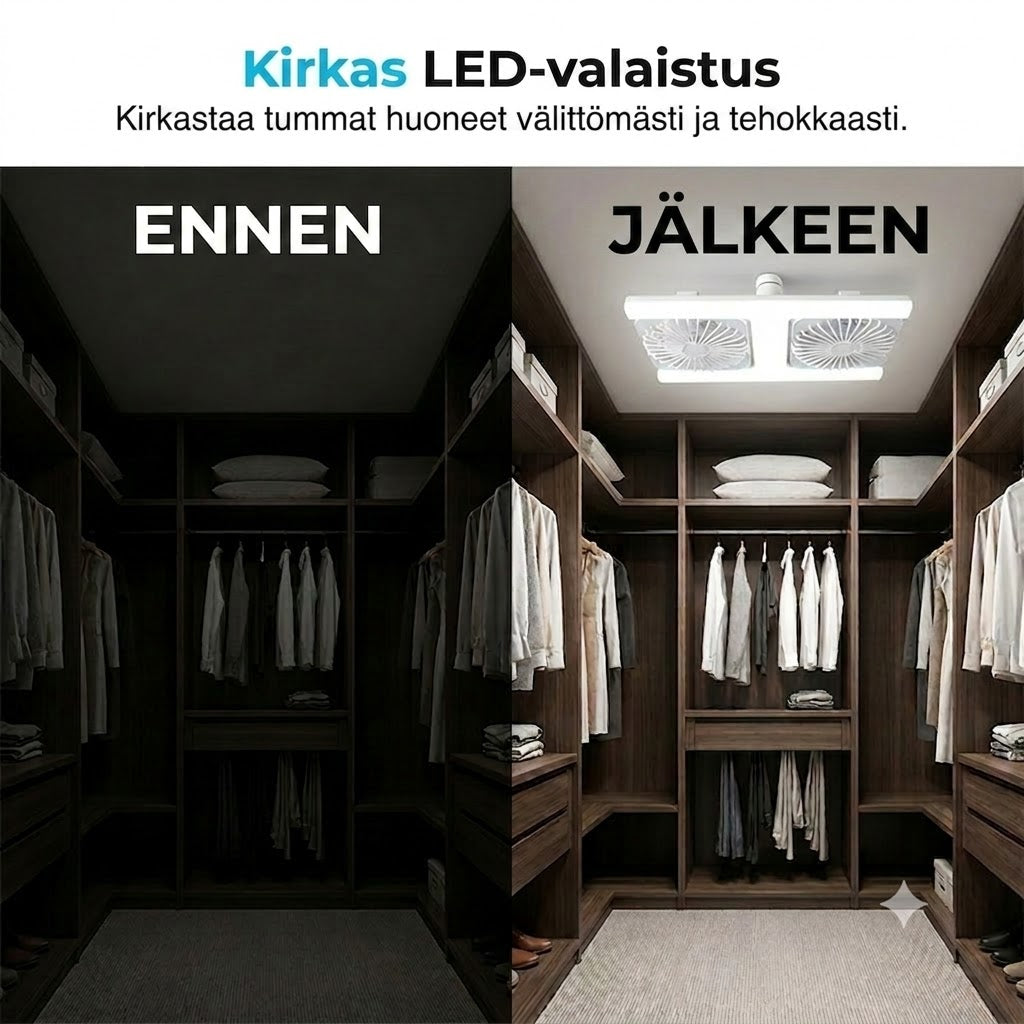 Kaksipäinen kattotuuletin LED-valolla – moderni muotoilu kaukosäätimellä olohuoneeseen ja makuuhuoneeseen