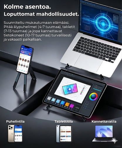 Kokoontaitettava magneettinen 3-in-1-teline elektroniikalle