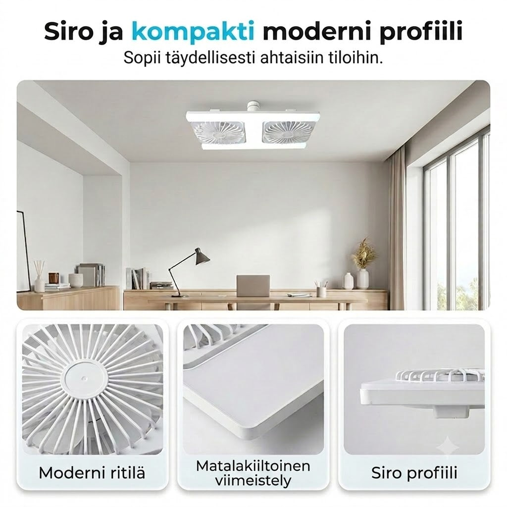 Kaksipäinen kattotuuletin LED-valolla – moderni muotoilu kaukosäätimellä olohuoneeseen ja makuuhuoneeseen