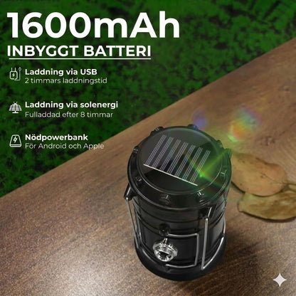 Aurinkokennokäyttöinen + USB-retkilyhty ja taskulamppu