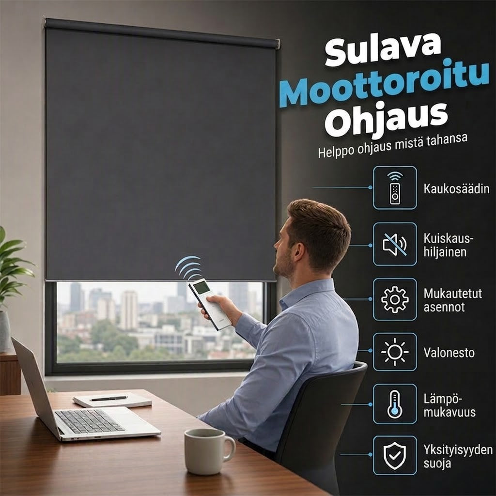 🪟 Moottoroitu pimennysrullaverho kaukosäätimellä – PVC – Leveys 47–240 cm – Johdollinen tai akkukäyttöinen moottori – Makuuhuoneeseen, toimistoon ja parvekkeelle 🏠