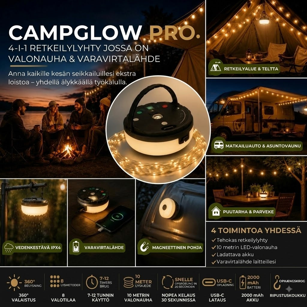 CampGlow PRO – 4-in-1 ladattava retkivalo