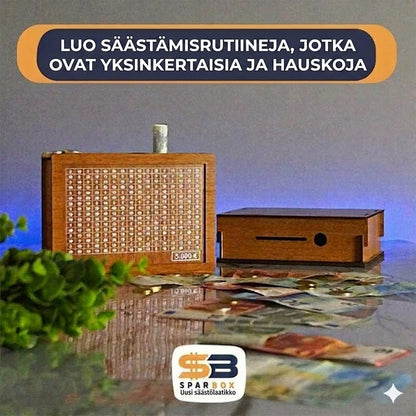 Puinen säästölipas rasteilla ja säästötavoitteella