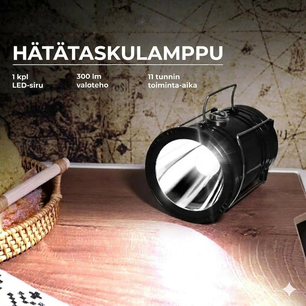 Aurinkokennokäyttöinen + USB-retkilyhty ja taskulamppu