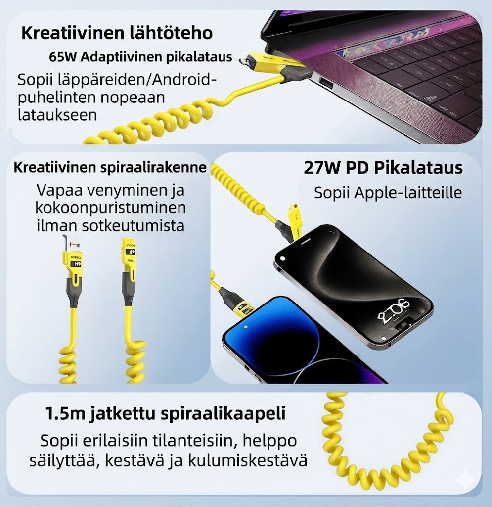 4-in-1 Sisäänvedettävä Latauskaapeli™ | Yksi kaapeli kaikille laitteillesi – kompakti, tehokas ja valmis matkaan!