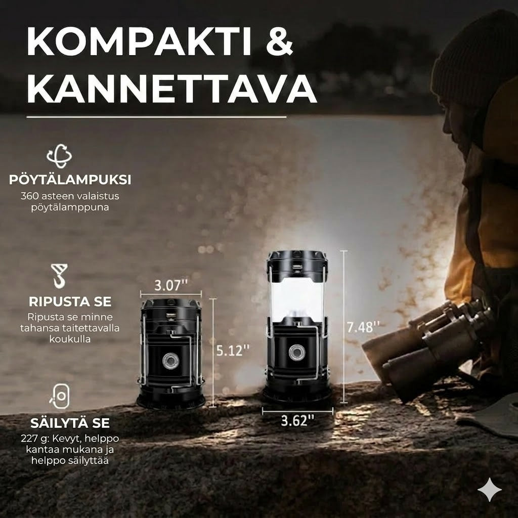 Aurinkokennokäyttöinen + USB-retkilyhty ja taskulamppu