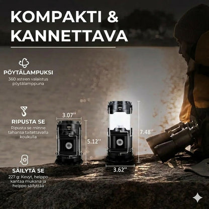 Aurinkokennokäyttöinen + USB-retkilyhty ja taskulamppu