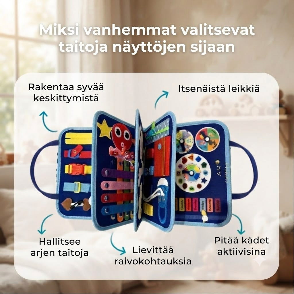 BusyBræt™ Leiki, opi ja löydä – ruudutonta ja kehittävää toimintaa.
