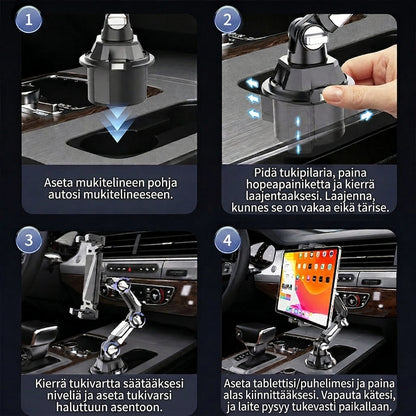 🚗📱 Kokoontaitettava tablettiteline mukitelineeseen – Vakaa kiinnitys, 360° kääntyvyys, taittuu kokoon käden käänteessä, kartturi joka pitää katseen tiessä ja kädet vapaina mutkaisillakin teillä 🛣️👍