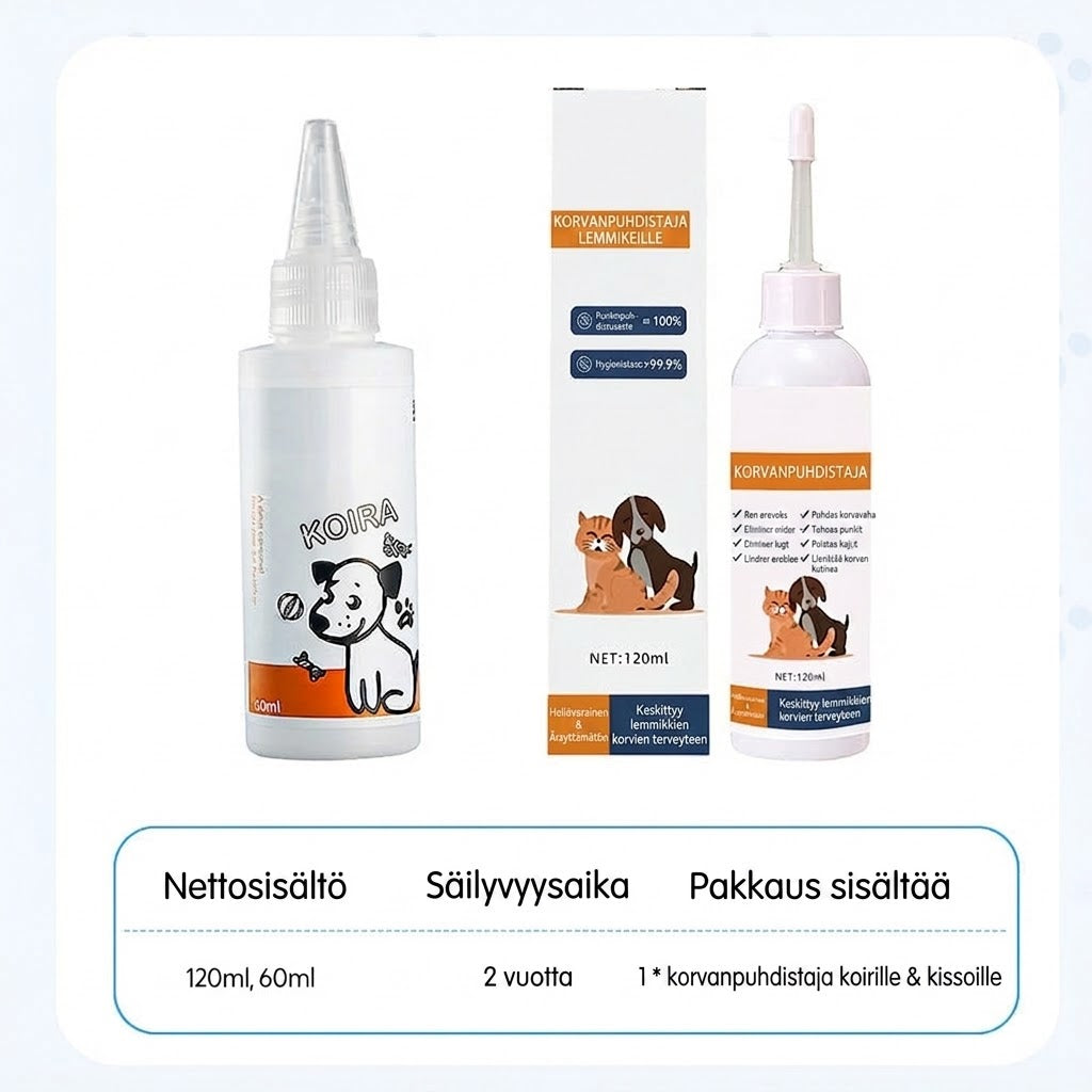 🐾 OSTA 2, SAAT 1 ILMAISEKSI! ✨ Korvanpuhdistusaine lemmikeille – Mieto ja rauhoittava aloe vera -koostumus koirille ja kissoille, ehkäisee tulehduksia ja pahaa hajua 🌿👂