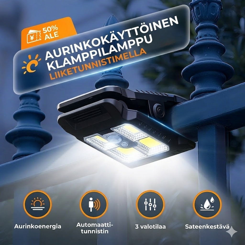 Aurinkokennovalo nipistimellä ja liiketunnistimella
