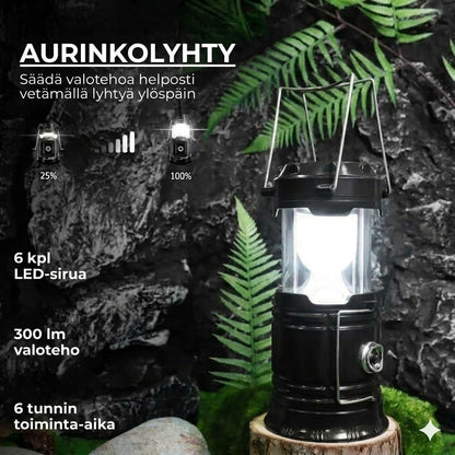 Aurinkokennokäyttöinen + USB-retkilyhty ja taskulamppu