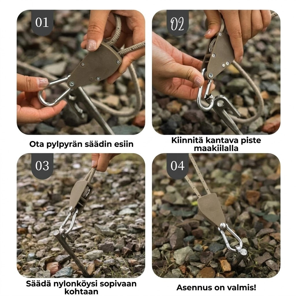 Säädettävät taljakoukut retkeilyyn