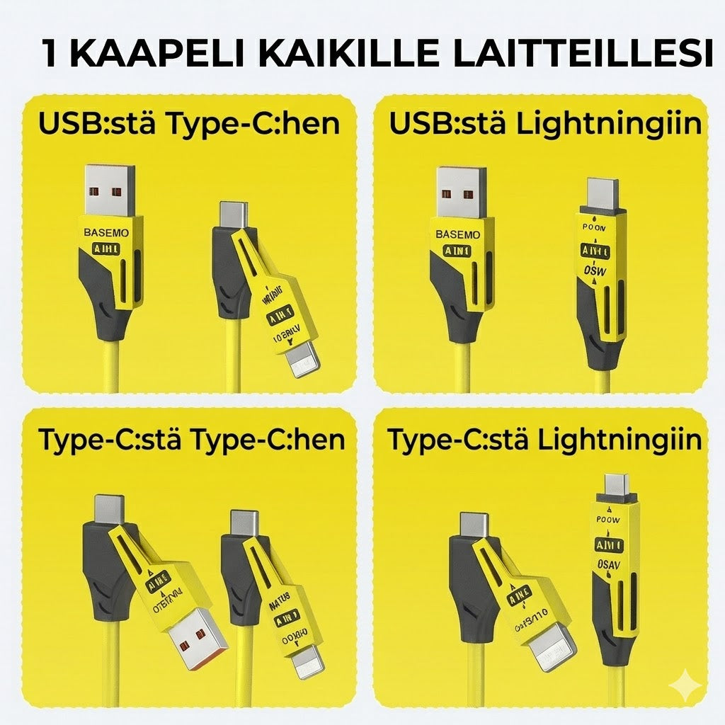 4-in-1 Sisäänvedettävä Latauskaapeli™ | Yksi kaapeli kaikille laitteillesi – kompakti, tehokas ja valmis matkaan!