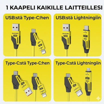 4-in-1 Sisäänvedettävä Latauskaapeli™ | Yksi kaapeli kaikille laitteillesi – kompakti, tehokas ja valmis matkaan!
