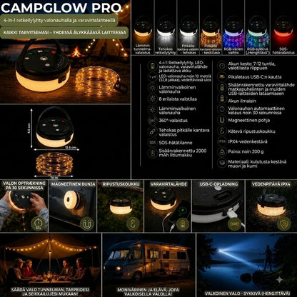 CampGlow PRO – 4-in-1 ladattava retkivalo