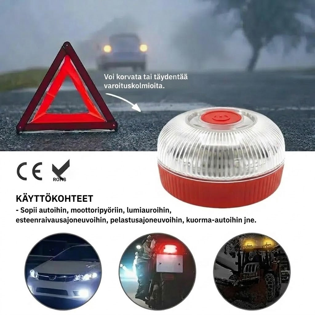 V16 Stroboskooppinen varoitusvalo voimakkaalla magneettijalustalla ja akulla