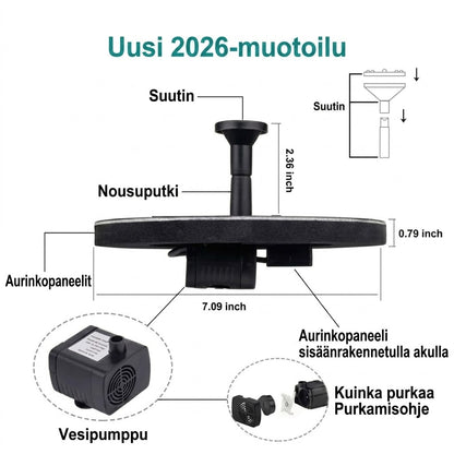 SolFontæne™ Aurinkokäyttöinen suihkulähdepumppu lampeen ja lintualtaaseen