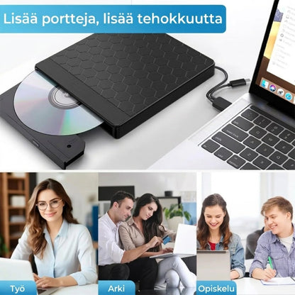8-in-1 ulkoinen CD/DVD-asema – lue, polta ja tallenna elokuvia, musiikkia ja valokuvia