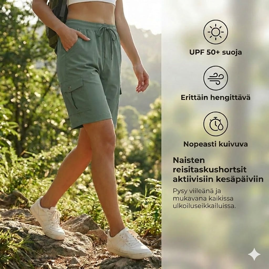 Nopeasti kuivuvat naisten cargoshortsit taskuilla