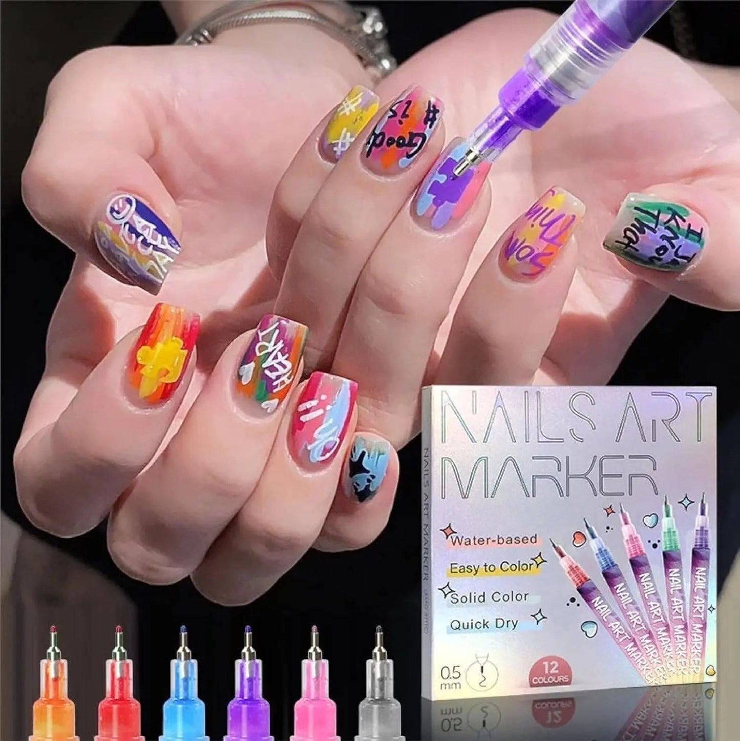 Nail Art Marker™ | Koristelukynä ohuille & paksuille viivoille | Tarkkoihin yksityiskohtiin ja täyteläisiin väripintoihin